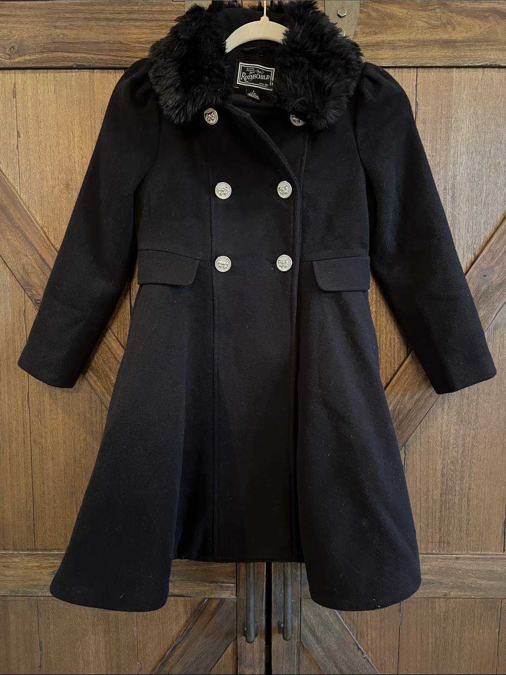 Rothschild Black Double-Breasted Pea Coat with Detachable Faux Fur Collar